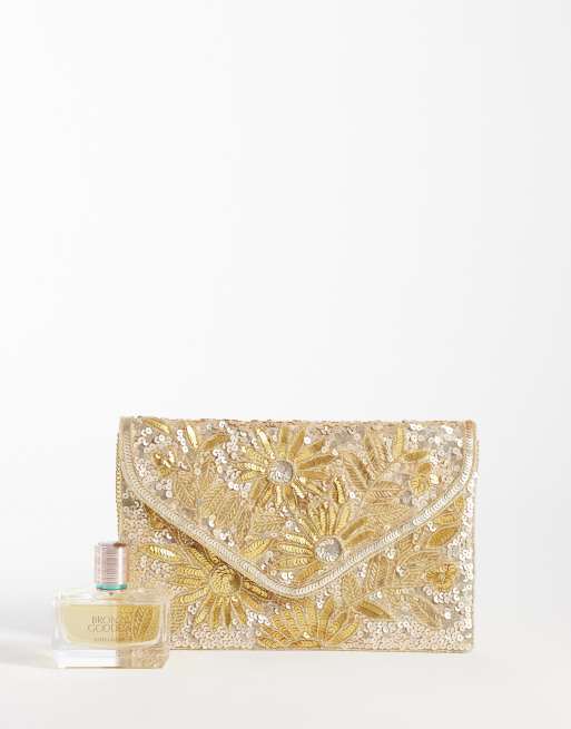 True Decadence envelope clutch bag in gold sequin, 2 of 4