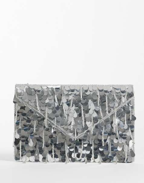 True Decadence envelope clutch bag in silver sequin - view 1