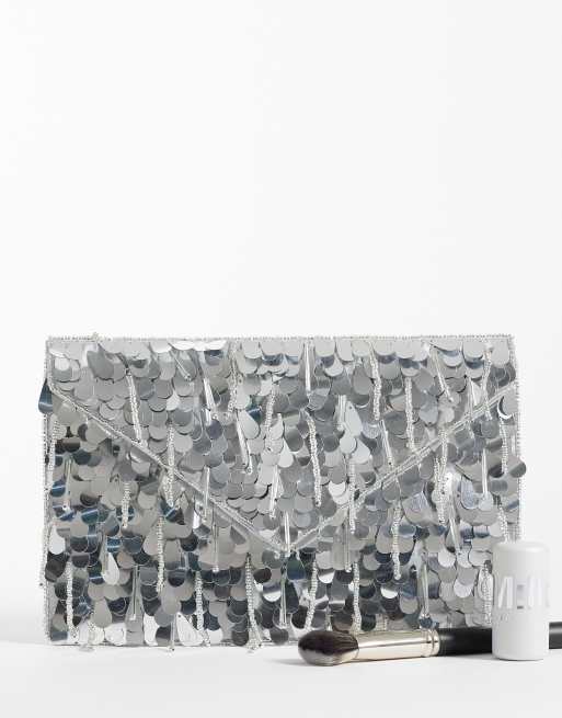 True Decadence envelope clutch bag in silver sequin, 2 of 4