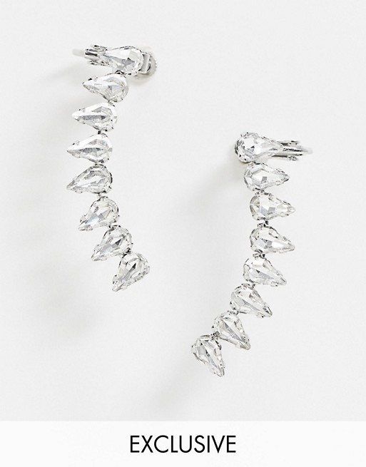 True Decadence Exclusive crystal ear climber earrings in silver