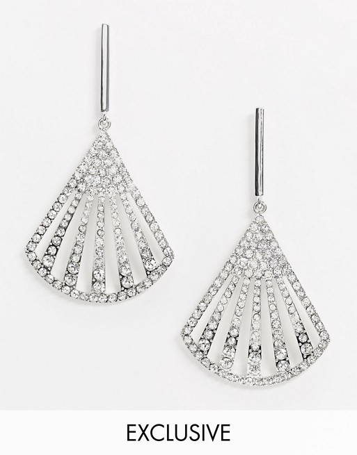 True Decadence Exclusive diamante embellished fan earrings in silver