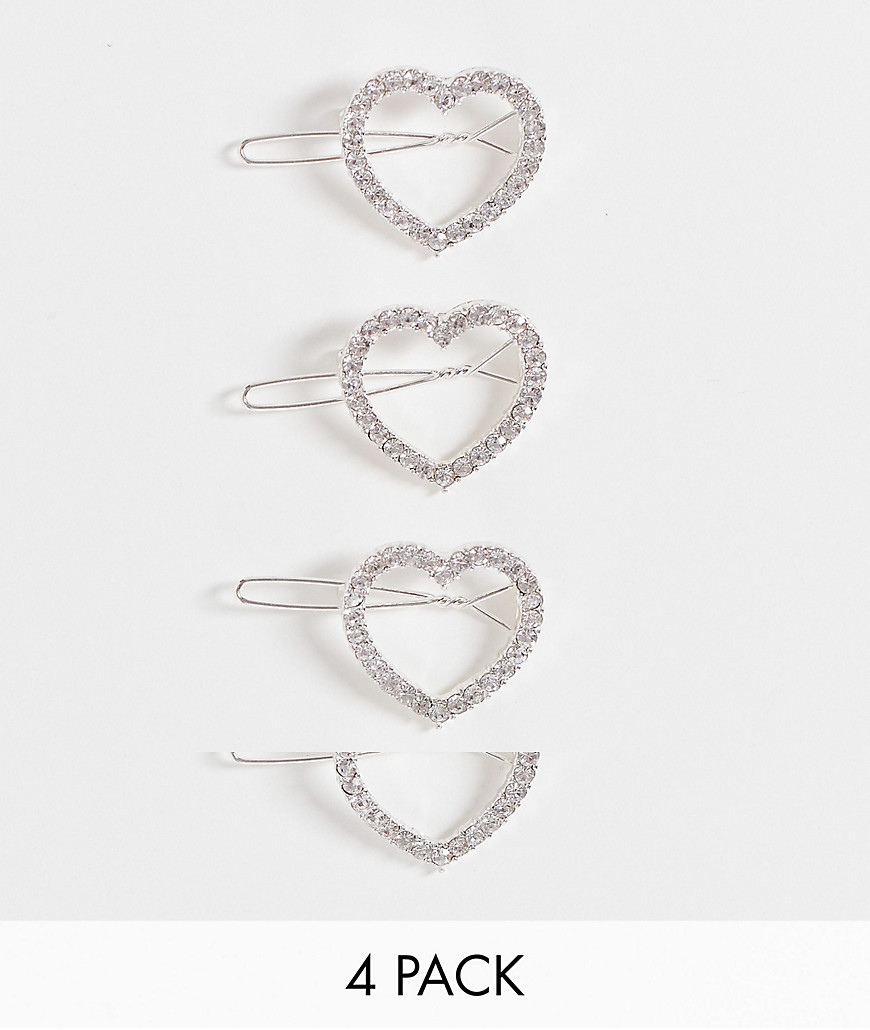 True Decadence exclusive mini rhinestone 4 x multipack heart hair clips in silver
