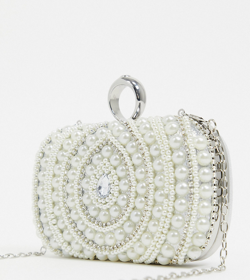 True Decadence Exclusive pearl embellished occasion box clutch bag with detachable strap-Cream