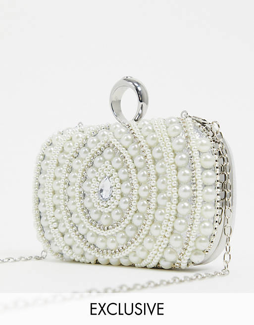 True Decadence Exclusive pearl embellished occasion box clutch bag with ...