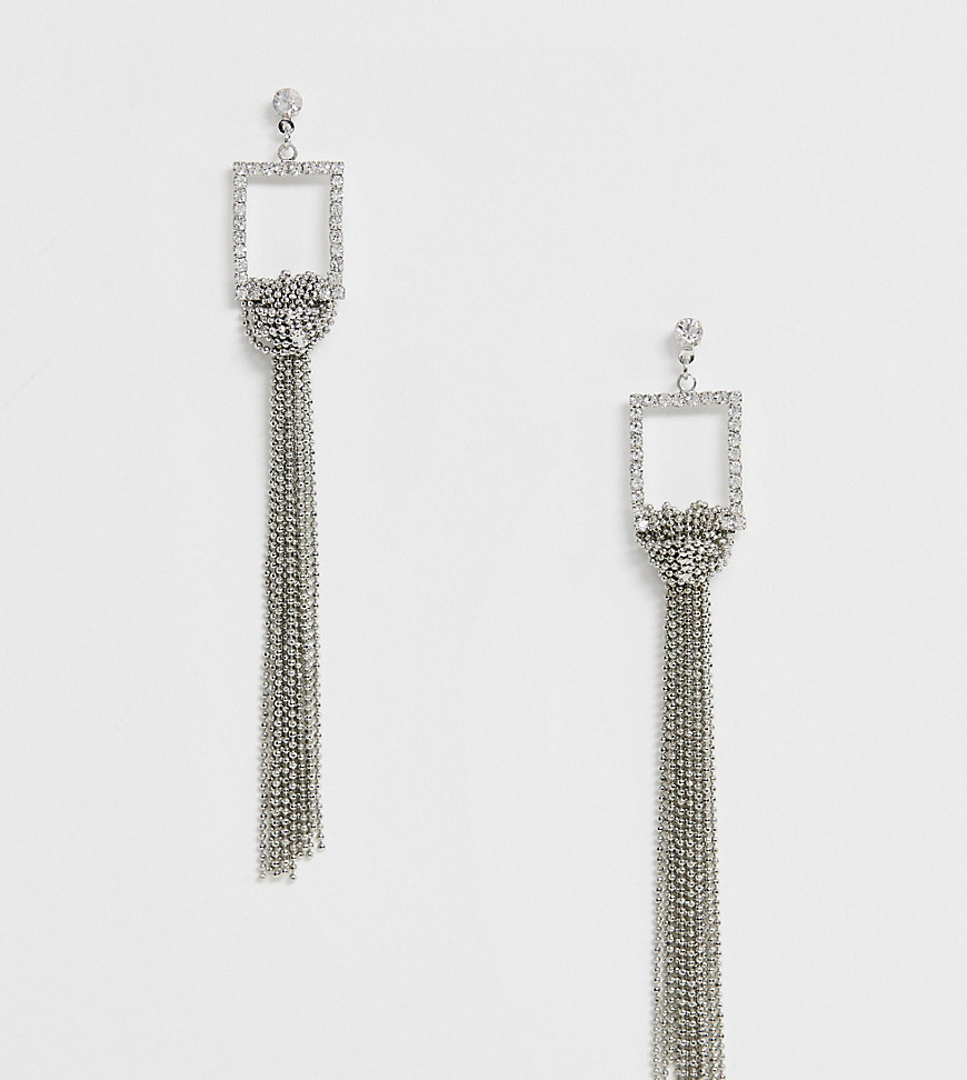 True Decadence Exclusive rhinestone square drop earrings with chain-Silver