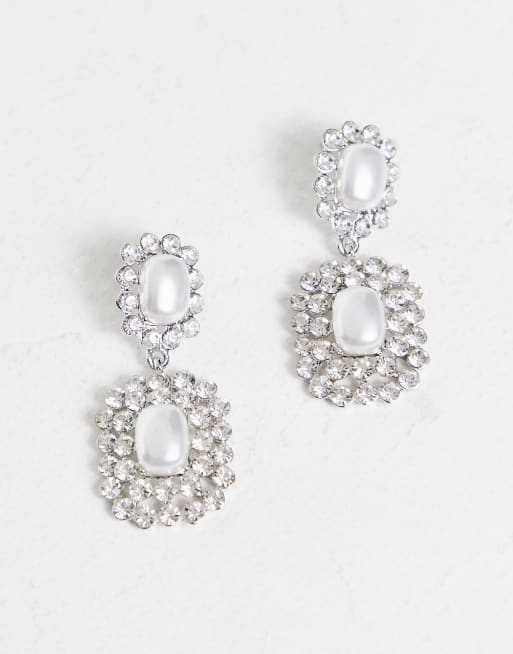 True Decadence faux pearl drop statement earrings in silver 