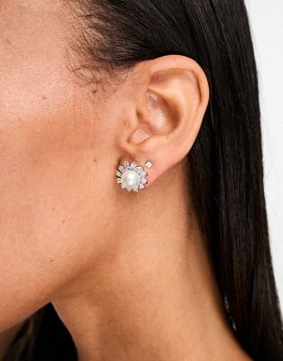 True Decadence faux pearl embellished stud earrings in silver