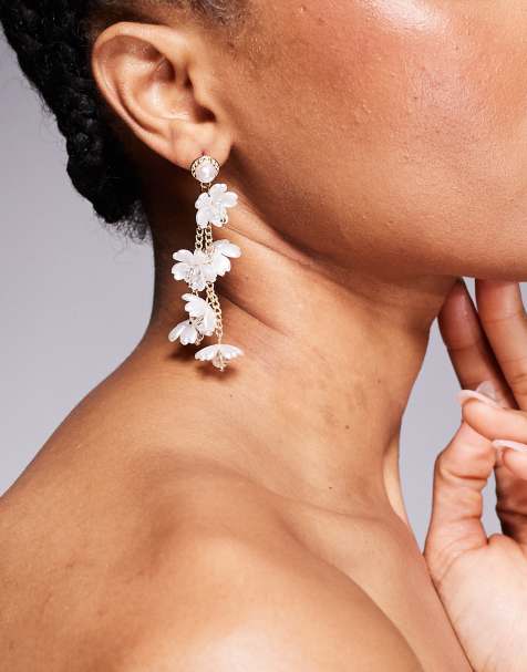 True Decadence faux pearl flower drop earrings in white and gold tone - view 1