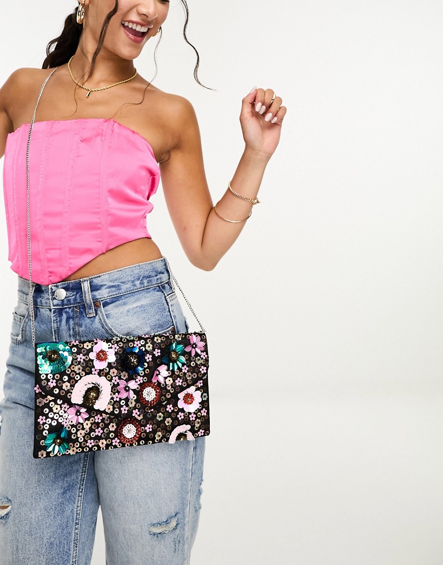floral beaded bag in black and pink-Multi