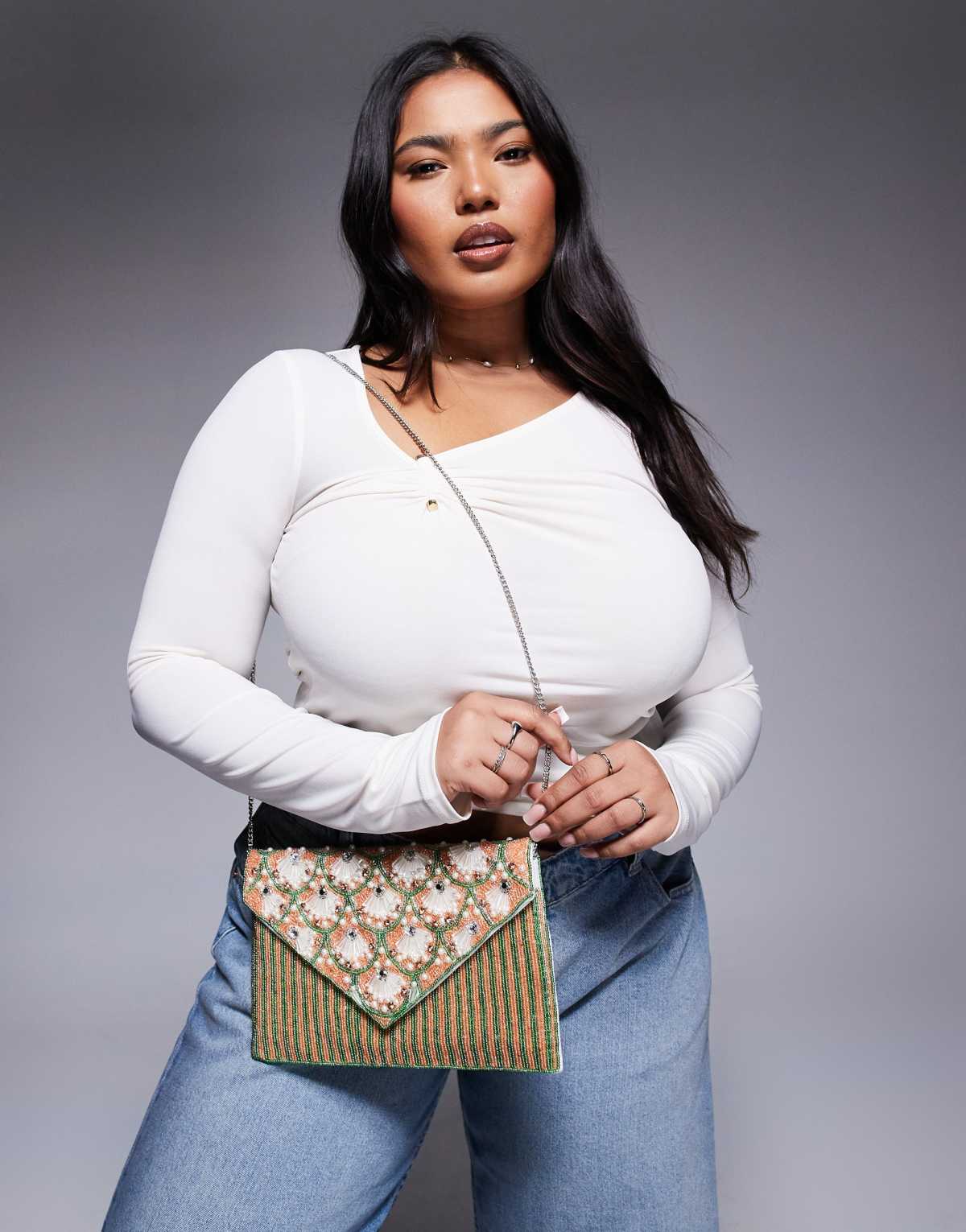 True Decadence floral beaded envelope clutch bag in pink and green