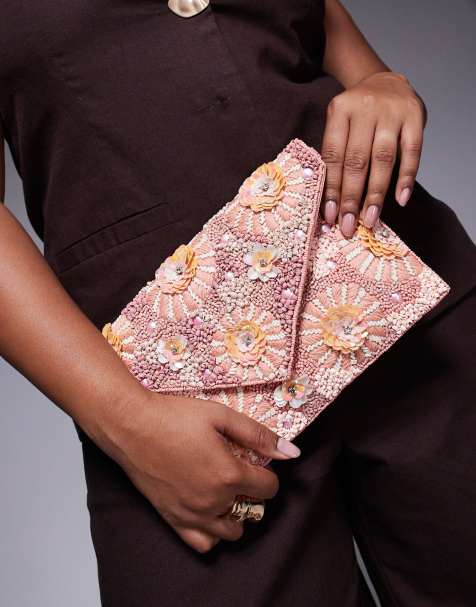 True Decadence floral embellished beaded clutch bag in pink - view 1