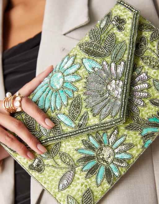 True Decadence floral sequin envelope clutch bag in green, 2 of 4