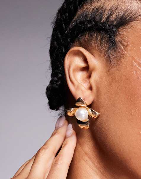 True Decadence floral stud earrings with pearl detail in gold - view 1