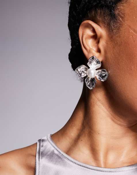 True Decadence floral stud earrings with pearl detail in silver - view 1