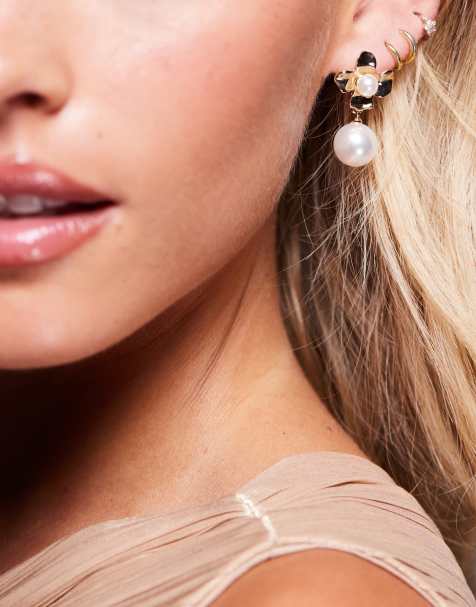 True Decadence flower and faux pearl stud earrings in gold tone - view 1