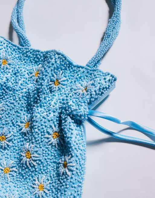 True Decadence flower beaded bucket bag in blue