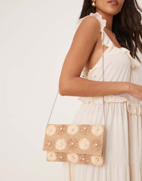 True Decadence flower embellished straw envelope clutch bag in brown - view 1