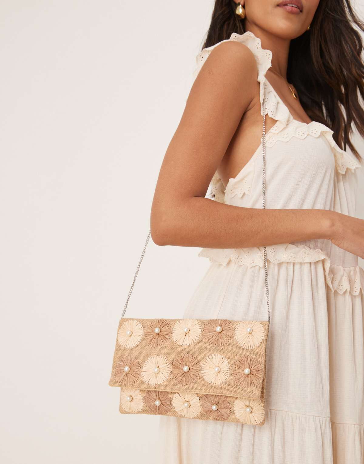 True Decadence flower embellished straw envelope clutch bag in brown
