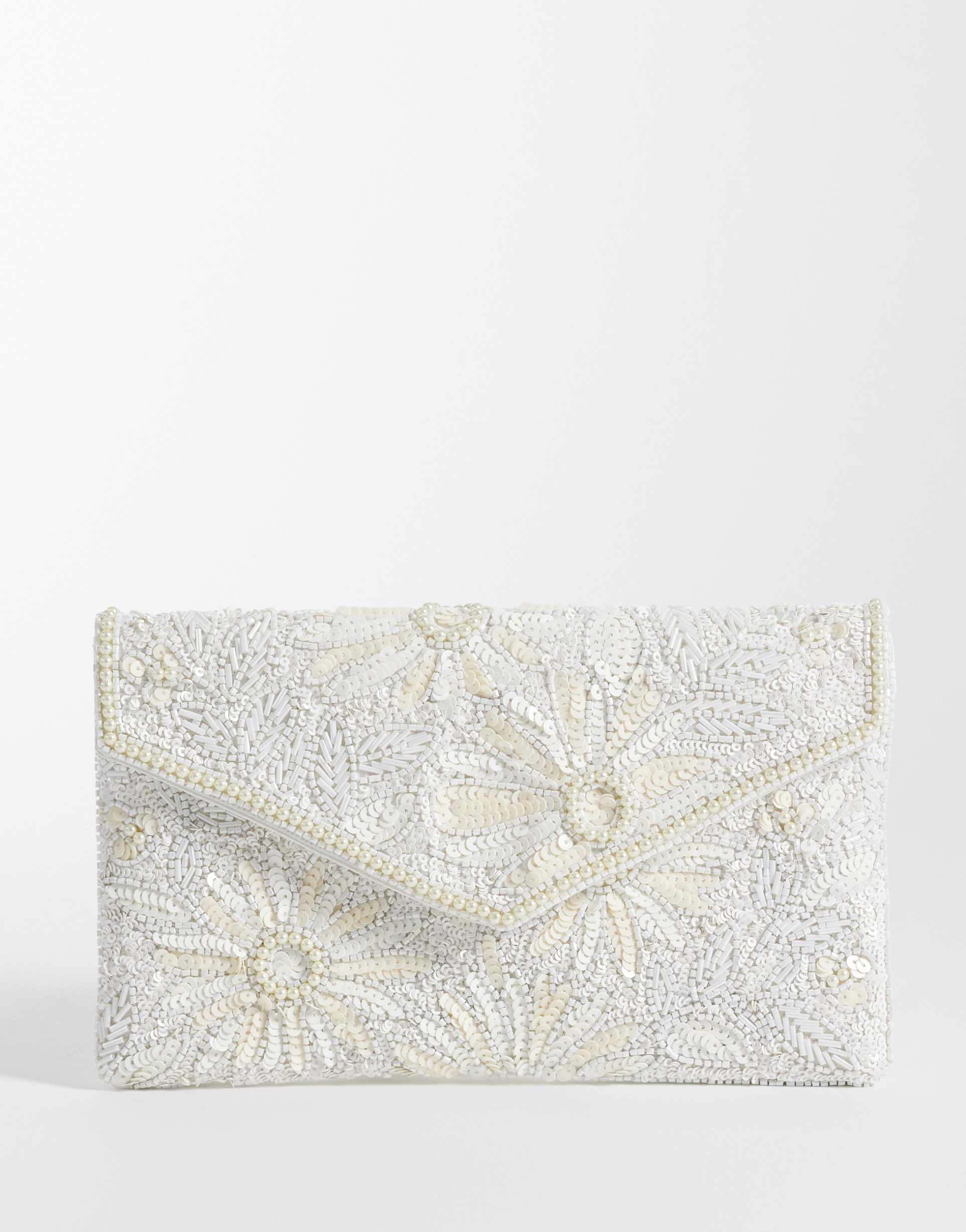 true decadence flower pattern embellished envelope clutch bag in white