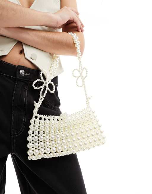 True Decadence flower strap pearl shoulder bag in white ASOS