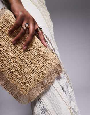 True Decadence fringe detail straw clutch bag in brown