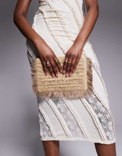 True Decadence fringe detail straw clutch bag in brown, 3 of 4