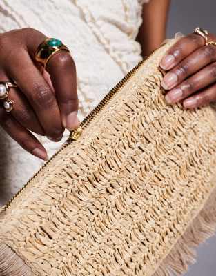 True Decadence fringe detail straw clutch bag in brown