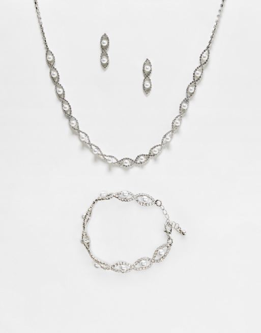 True Decadence - Gelegenheidskleding - Set met oorbellen, ketting en armband in zilver met parel 