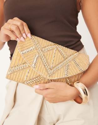 True Decadence - Goldfarbene Clutch mit Perlenverzierung und Umhängeriemen