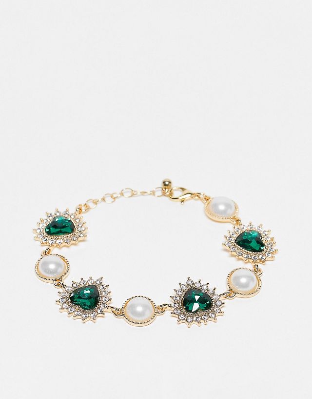 True Decadence green crystal and pearl bracelet in gold