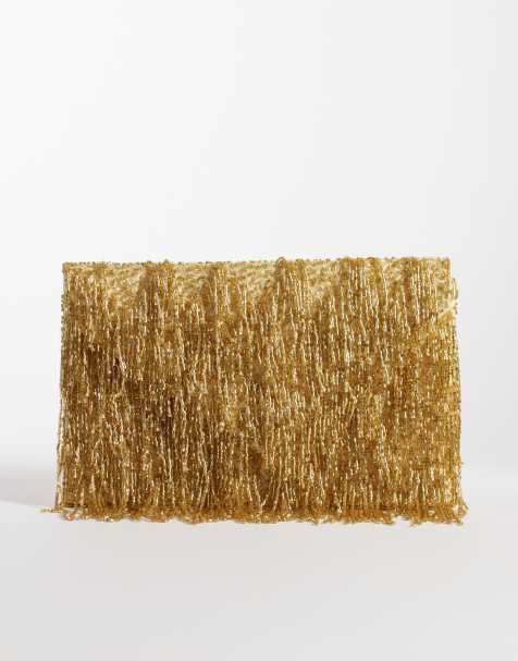 True Decadence - Guldfarvet kuvert-clutch med perlefrynser - view 1