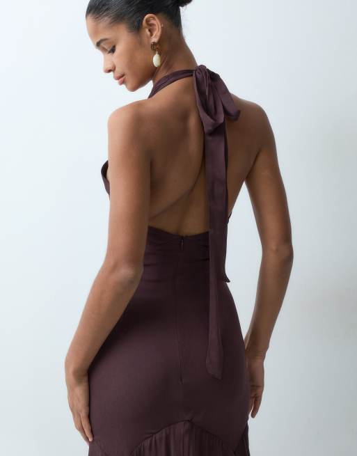 True Decadence Halter neck backless maxi dress in mahogany brown, 3 of 4