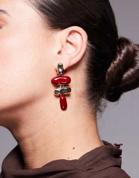True Decadence hammered metal and enamel statement earrings in red and gold tone - view 1