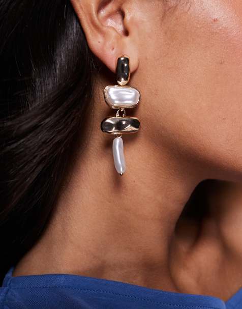 True Decadence hammered metal and enamel statement earrings in white and gold tone - view 1