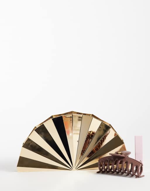 True Decadence hard shell fan clutch bag in gold metallic, 2 of 4