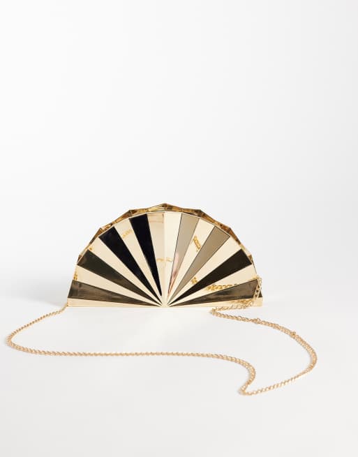 True Decadence hard shell fan clutch bag in gold metallic, 4 of 4