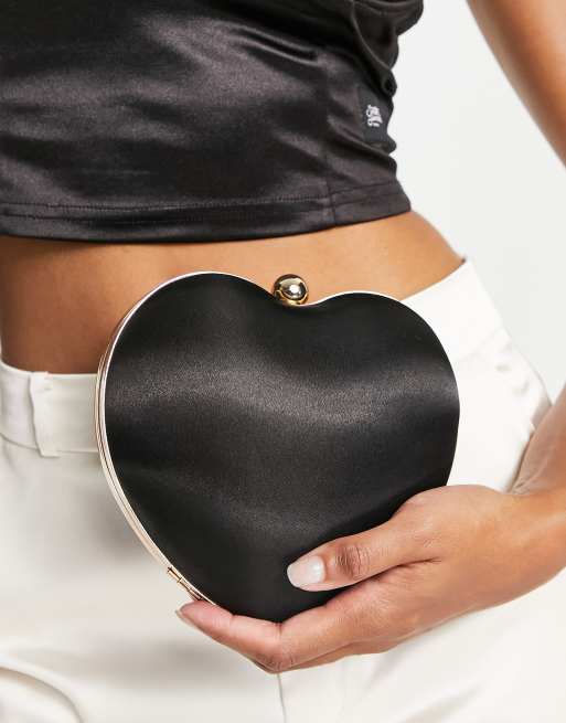 True Decadence heart clutch bag in black satin with faux pearl handle