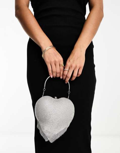 True Decadence Exclusive heart clutch bag in off white satin with faux  pearl handle