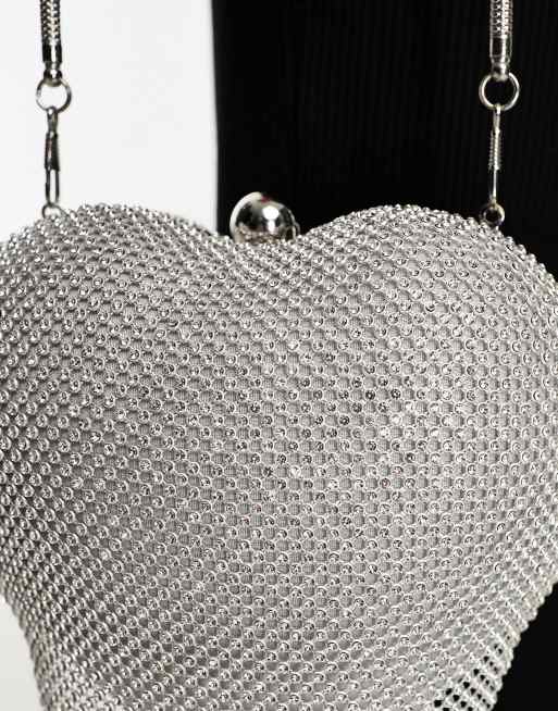 ASOS DESIGN bratz satin heart grab clutch bag with diamante in blue