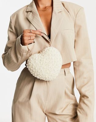 True Decadence heart clutch in embellished faux pearl with chain strap