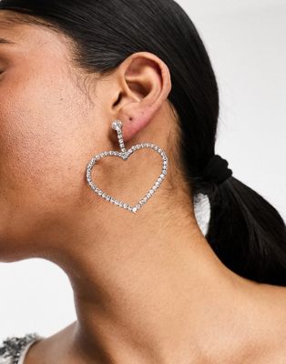 heart drop rhinestone earrings-Silver