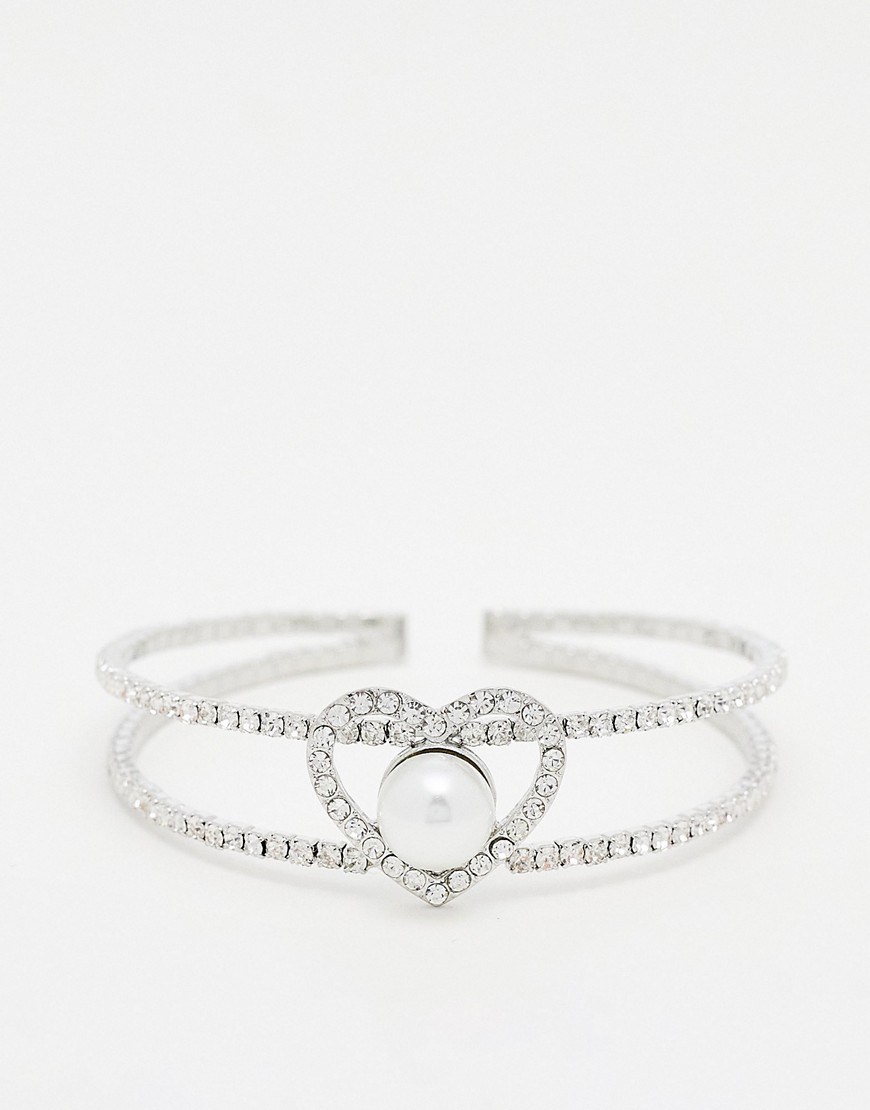 True Decadence heart pearl bangle bracelet in silver