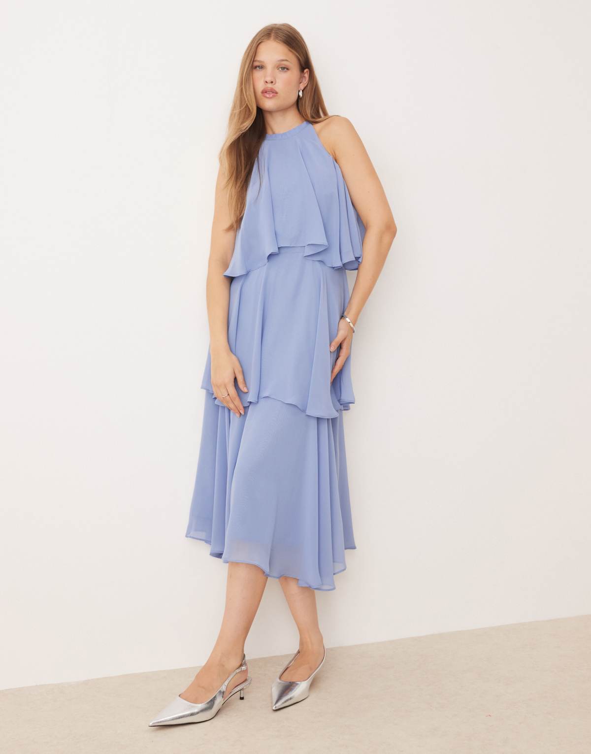 True Decadence High neck ruffle midi dress in mid blue