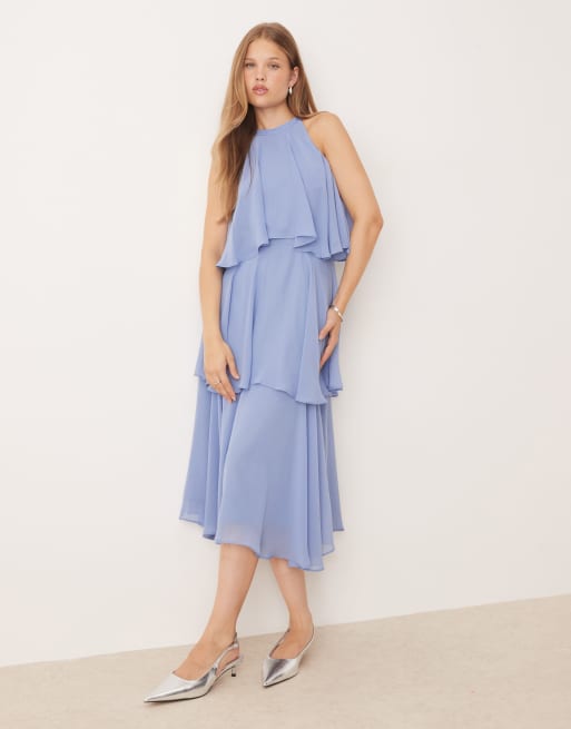 True Decadence High neck ruffle midi dress in mid blue