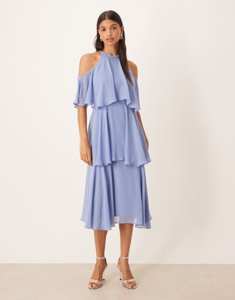 True Decadence High neck ruffle midi dress in mid blue