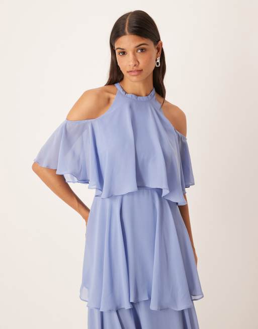 True Decadence High neck ruffle midi dress in mid blue, 2 of 4