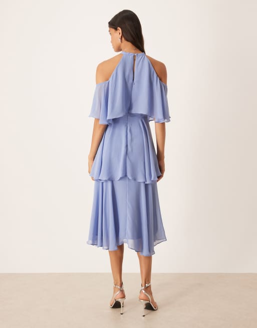 True Decadence High neck ruffle midi dress in mid blue, 3 of 4