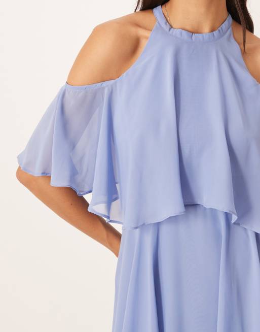 True Decadence High neck ruffle midi dress in mid blue, 4 of 4