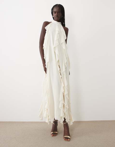 True Decadence High neck ruffle trapeze maxi dress in pale stone - view 1
