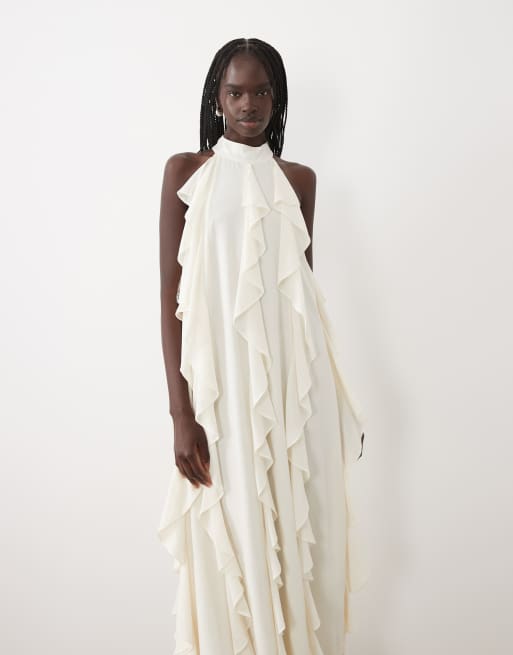 True Decadence High neck ruffle trapeze maxi dress in pale stone, 2 of 4